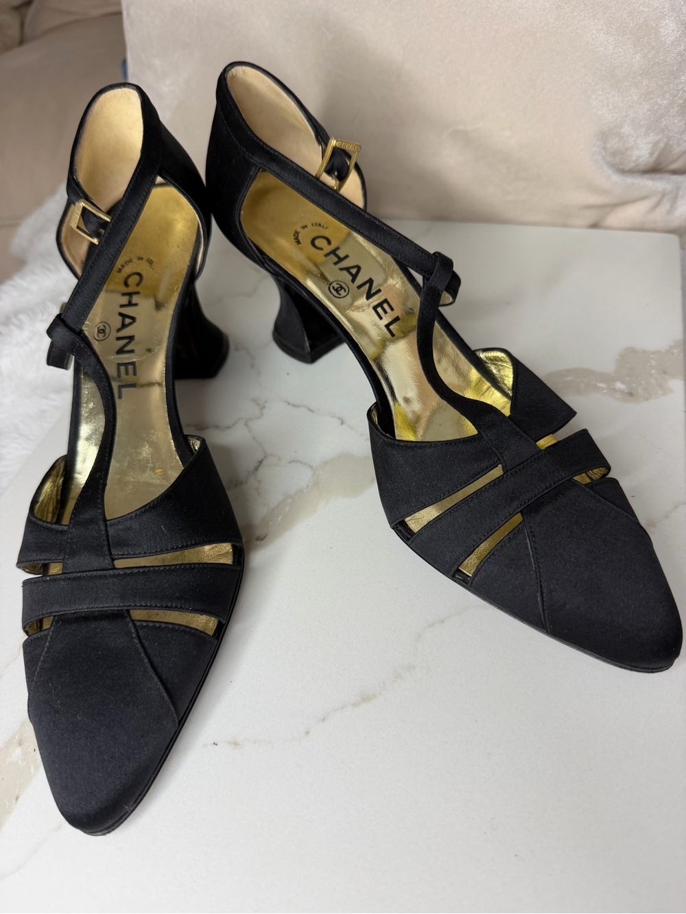 CHANEL Black Satin T-Strap Pointed Mid-Heel Sandals